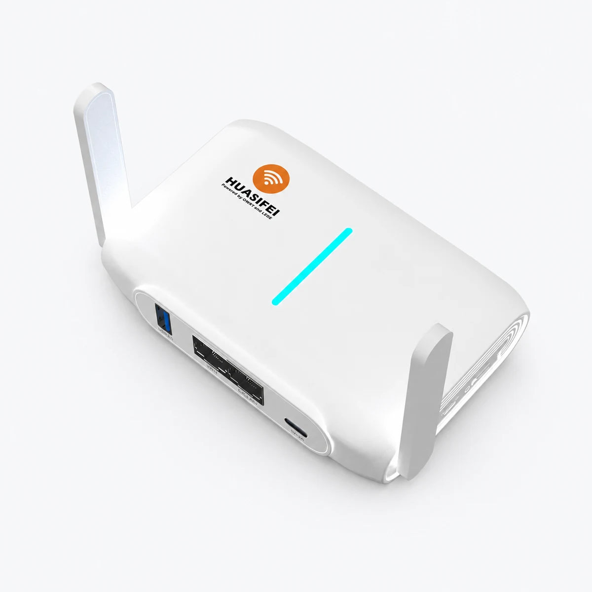 HUASIFEI WH3000 external antenna Wi-Fi 6 router, three-quarter view