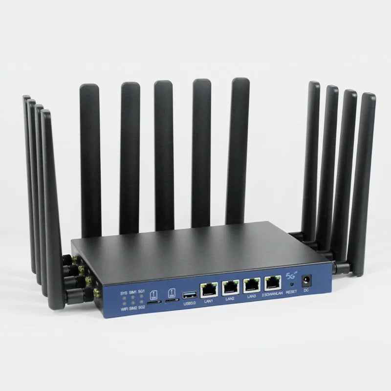 HUASIFEI WS3006 dual-SIM cellular router with thirteen external antennas, front three-quarter view